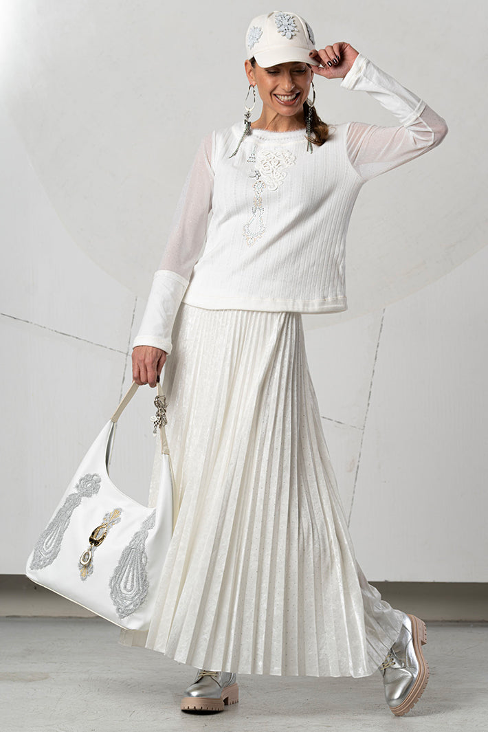 Elisa Cavaletti White Embellished Mesh Sleeve Jumper at Experience Boutique
