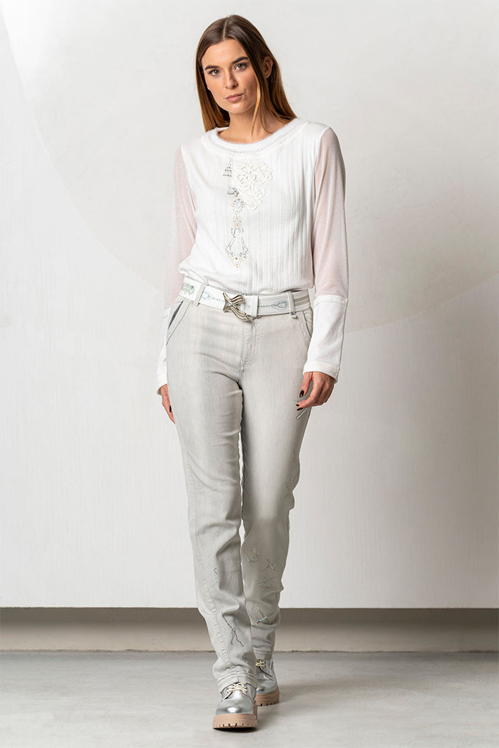 Elisa Cavaletti White Embellished Mesh Sleeve Jumper at Experience Boutique