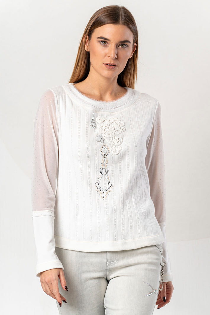 Elisa Cavaletti White Embellished Mesh Sleeve Jumper at Experience Boutique