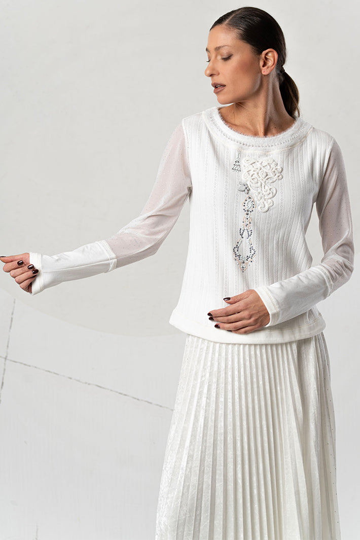 Elisa Cavaletti White Embellished Mesh Sleeve Jumper at Experience Boutique