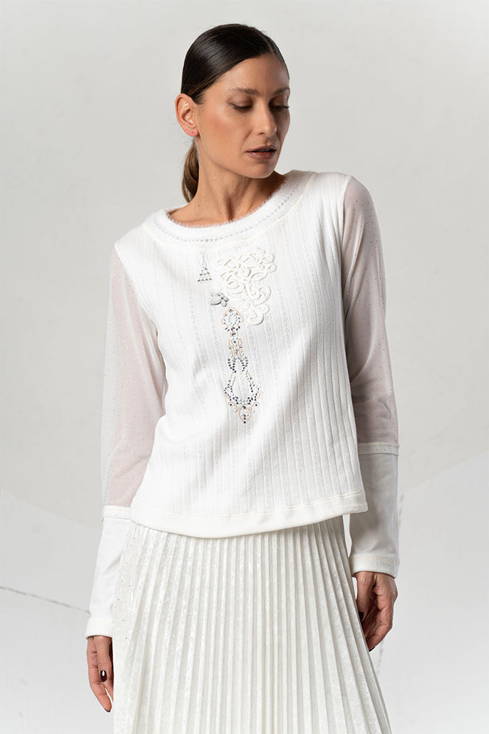 Elisa Cavaletti White Embellished Mesh Sleeve Jumper at Experience Boutique