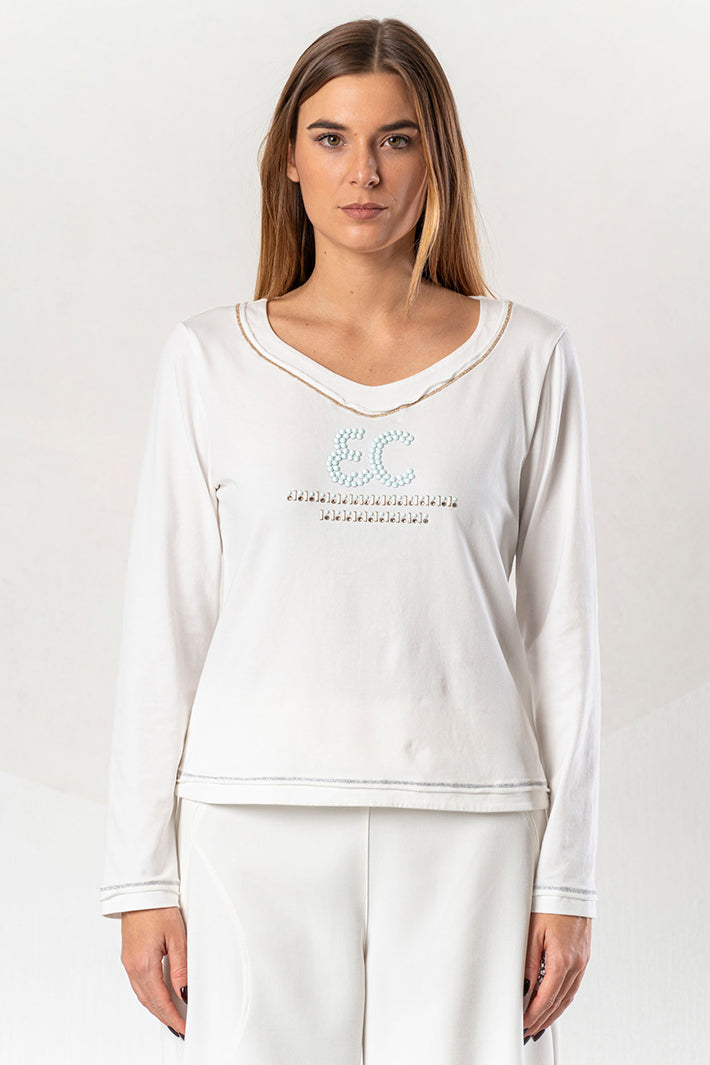 Elisa Cavaletti White Wide V-Neck EC T-Shirt Top at Experience Boutique