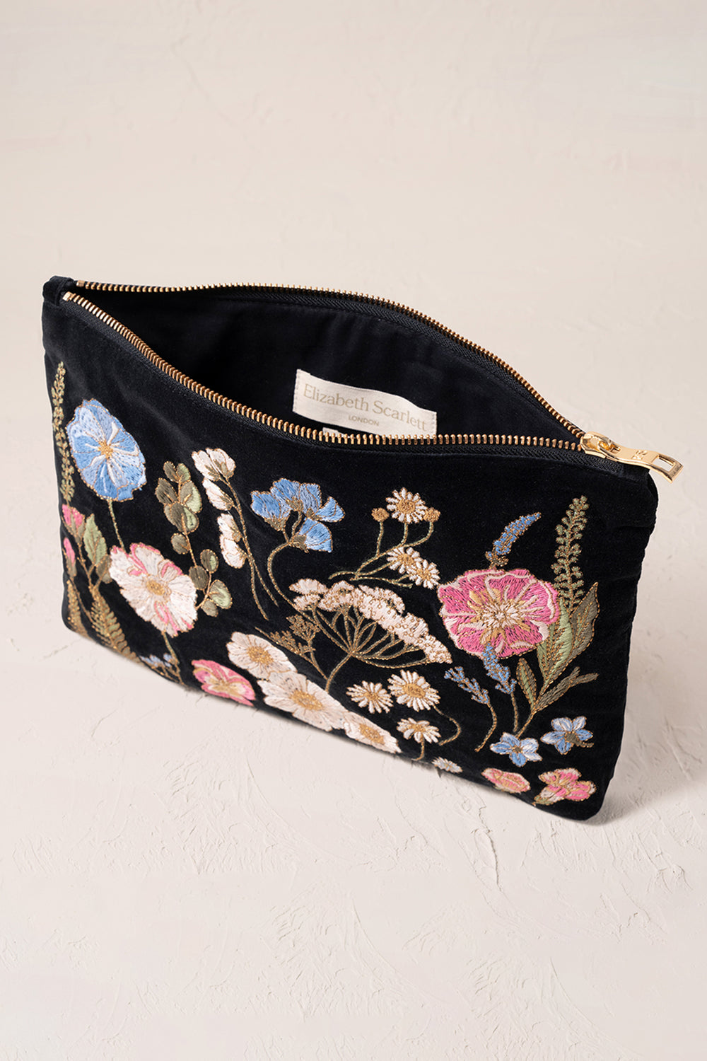 Elizabeth Scarlett Charcoal Pressed Flowers Velvet Everyday Pouch