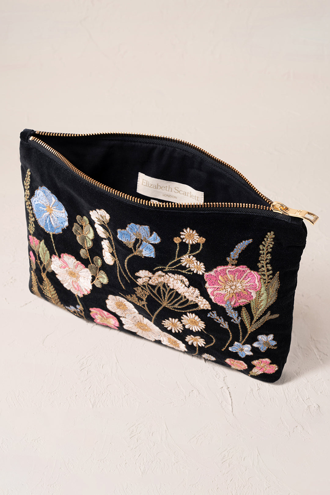 Elizabeth Scarlett Charcoal Pressed Flowers Velvet Everyday Pouch