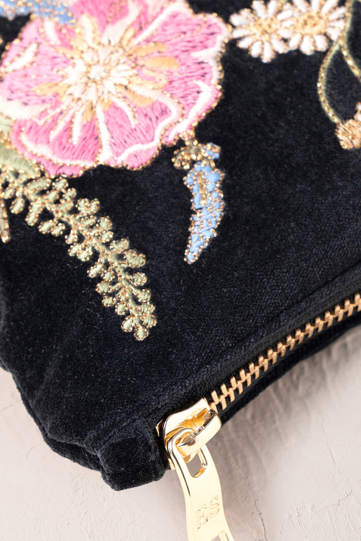 Elizabeth Scarlett Charcoal Pressed Flowers Velvet Everyday Pouch