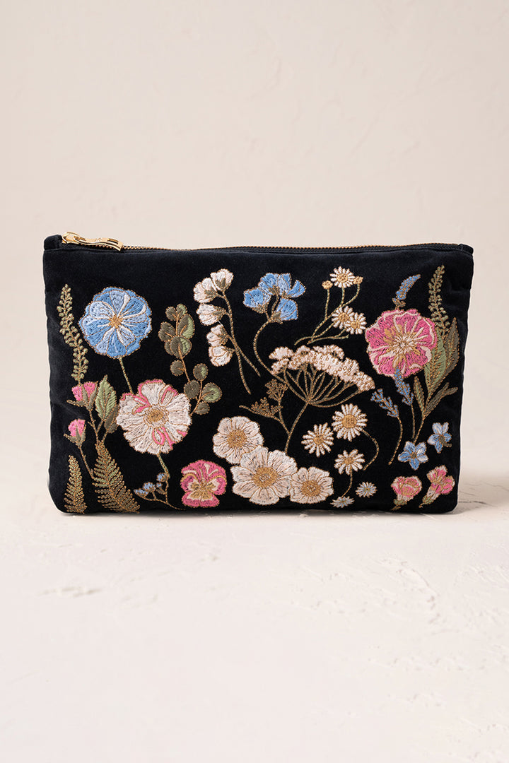 Elizabeth Scarlett Charcoal Pressed Flowers Velvet Everyday Pouch