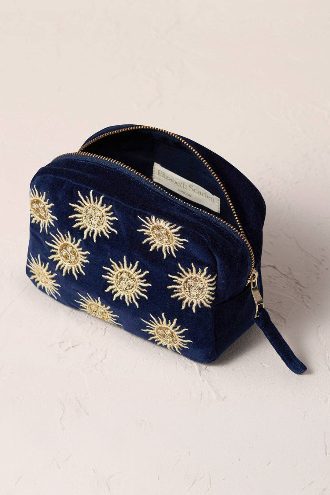 Elizabeth Scarlett Navy Sun Goddess Velvet Makeup Bag – Experience