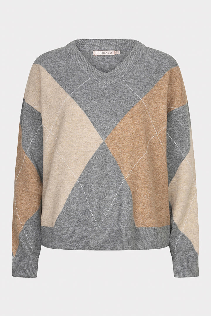 Esqualo 02550 Camel &amp; Grey Argyl Knit Jumper at Experience Boutique