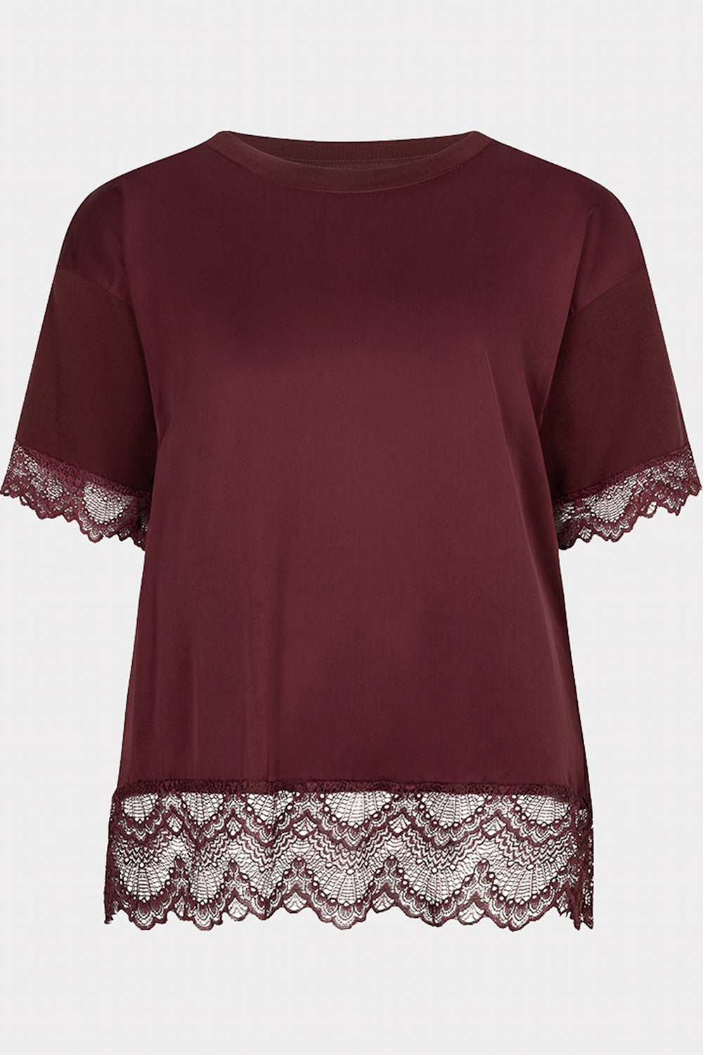 Esqualo 05516 Merlot Red Satin Front Lace Hem T-Shirt, front