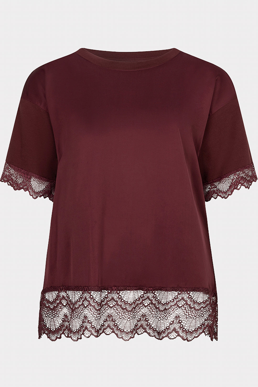 Esqualo 05516 Merlot Red Satin Front Lace Hem T-Shirt, front