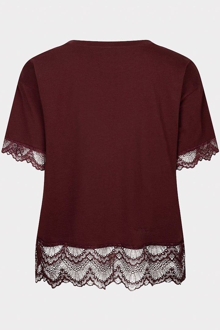 Esqualo 05516 Merlot Red Satin Front Lace Hem T-Shirt, back