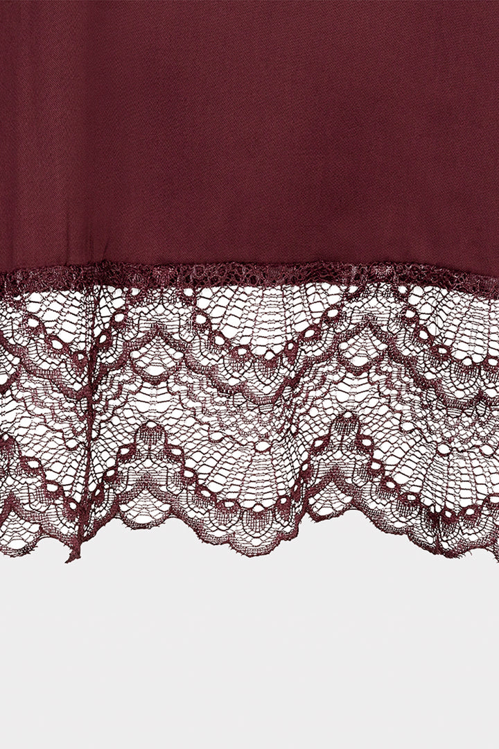 Esqualo 05516 Merlot Red Satin Front Lace Hem T-Shirt, detail