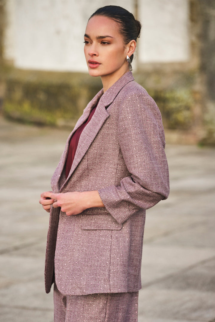Esqualo 10524 Merlot Houndstooth Pink Diamond Blazer at Experience Boutique