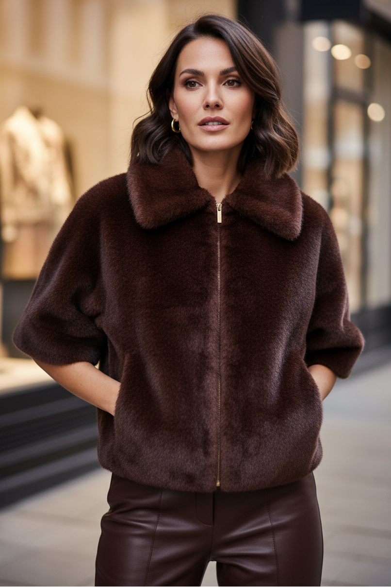 Esqualo 37500 Merlot Mink Faux Fur Coat - Front