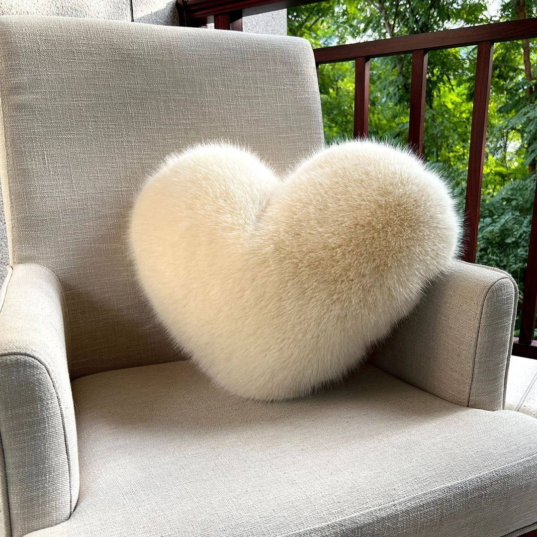 Small Cream Soft Faux Fox Fur Heart Cushion
