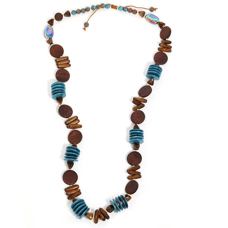 Teal &amp; Wooden Disk Statement Long Necklace
