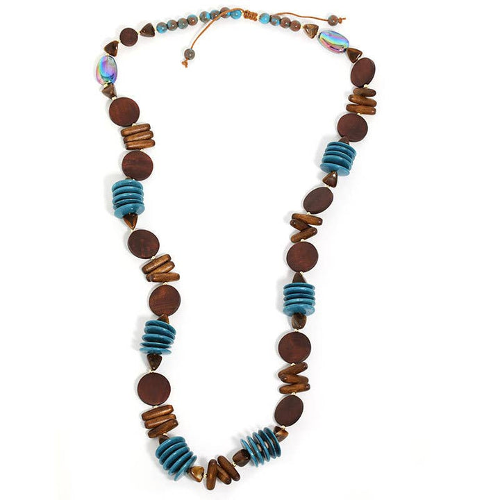 Teal &amp; Wooden Disk Statement Long Necklace