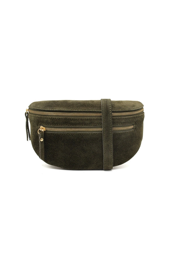 Khaki Suede Half Moon Crossbody Bag