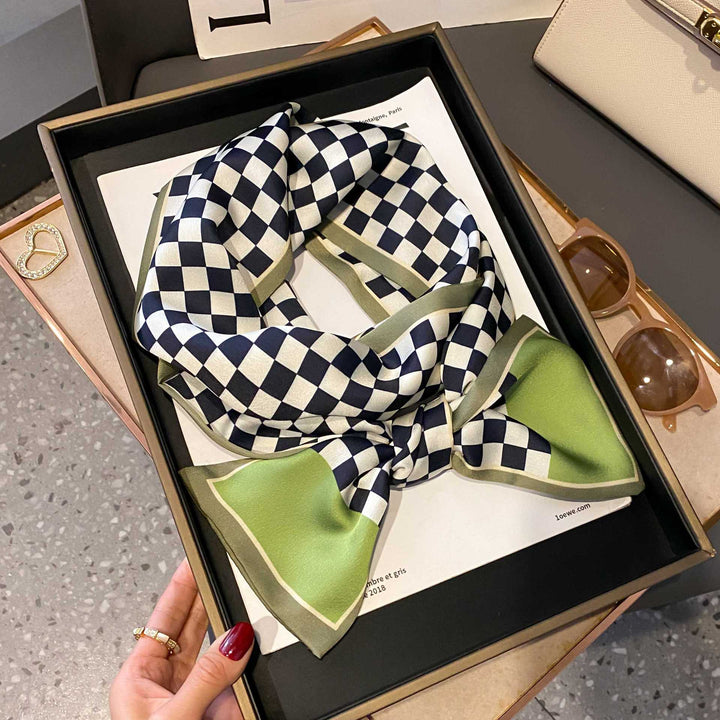 Sage Green Checkered Satin Feel Neck Scarf