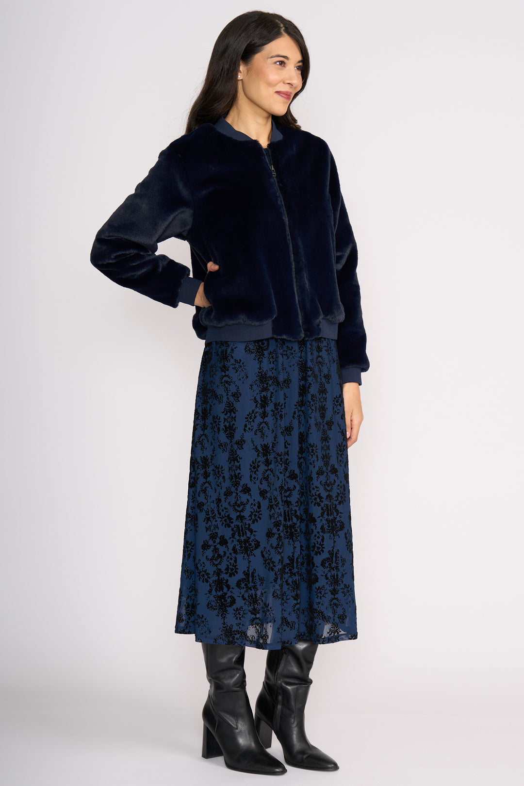 Foil FO8383 Fur Sure Faux Fur Midnight Navy Aviator Jacket at Experience Boutique