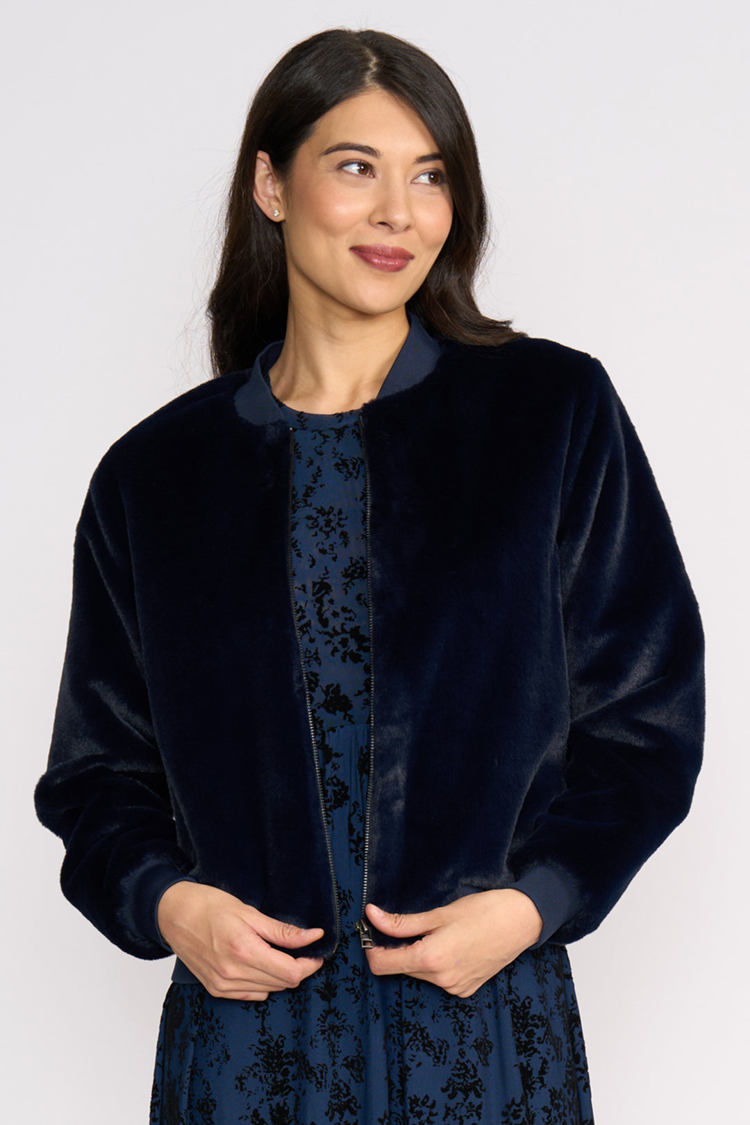 Foil FO8383 Fur Sure Faux Fur Midnight Navy Aviator Jacket at Experience Boutique