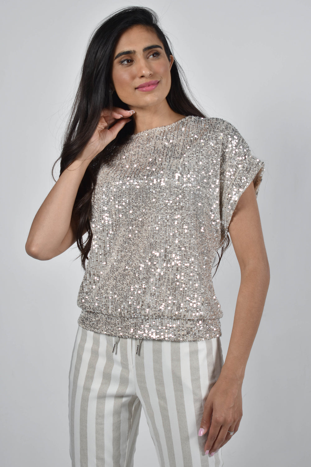 Frank Lyman 226482 Beige Silver Sequin Jersey Top - Experience Boutique