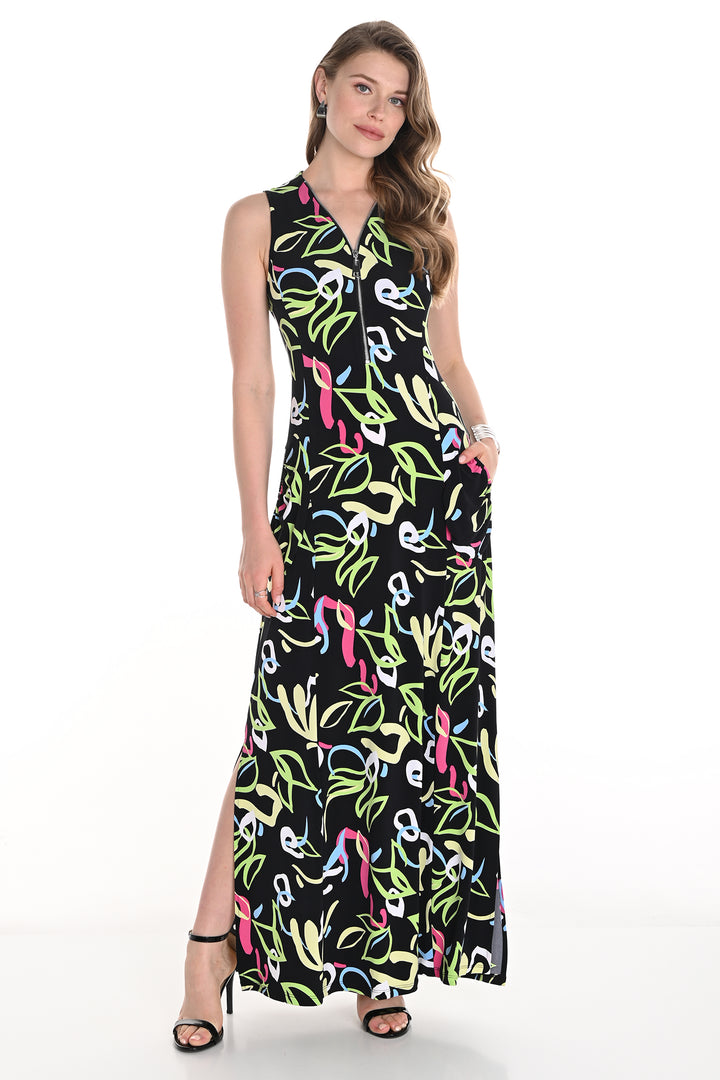 Frank Lyman 256189 Black Multicolour Print Zip Neck Maxi Dress - Experience Boutique