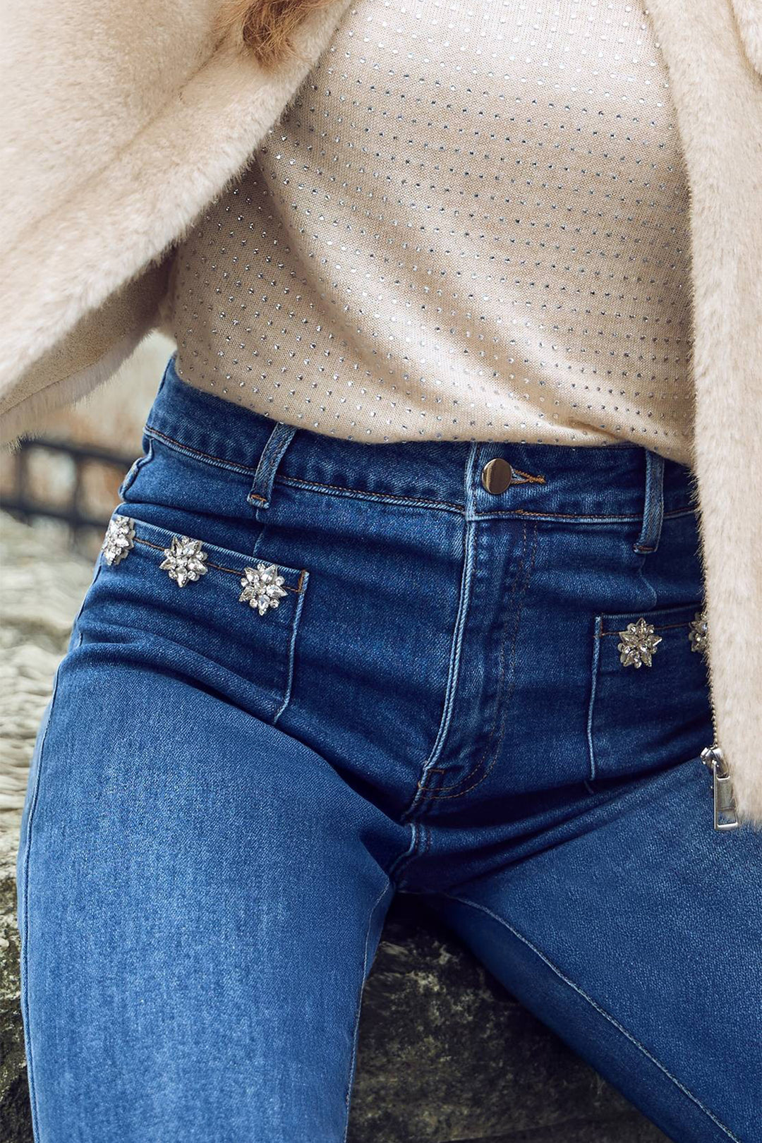 Frank Lyman Diamante Detail Wide Leg Jeans 253866 - Experience Boutique