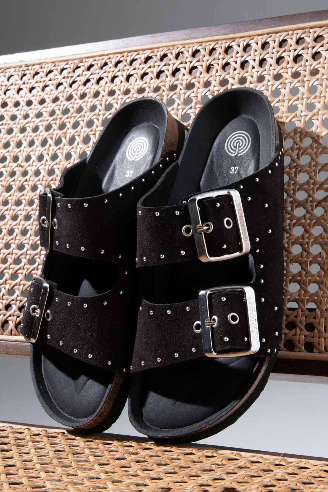 Genuins Honolulu Lead Black Velour Studded Sandals - Experience Boutique