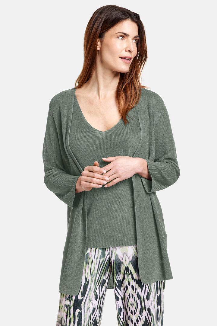 Gerry Weber 130053 Silver Shimmer Khaki Green Cardigan - Experience Boutique