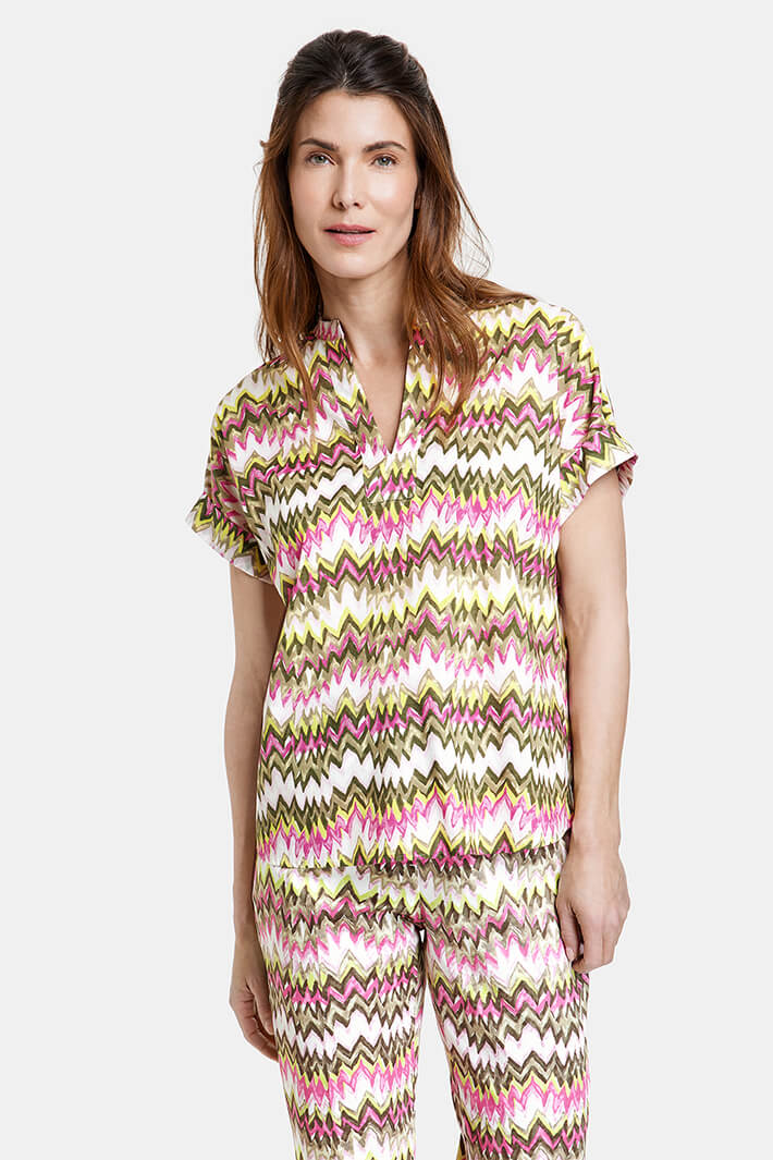 Gerry Weber 160031 Khaki & Peony Zigzag Print Blouse - Experience Boutique