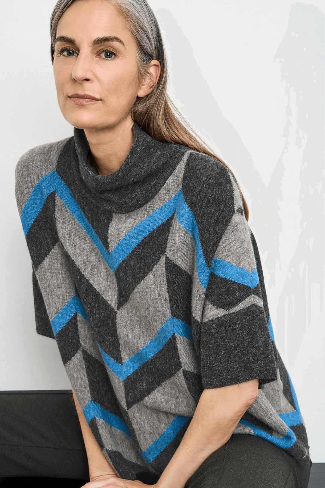 Gerry Weber 170517 Grey & Blue Zig Zag Print Knitted Jumper - Experience Boutique