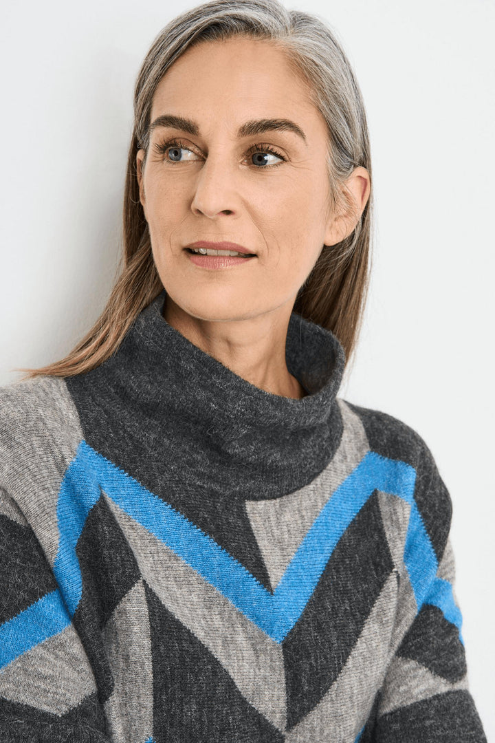 Gerry Weber 170517 Grey & Blue Zig Zag Print Knitted Jumper - Experience Boutique