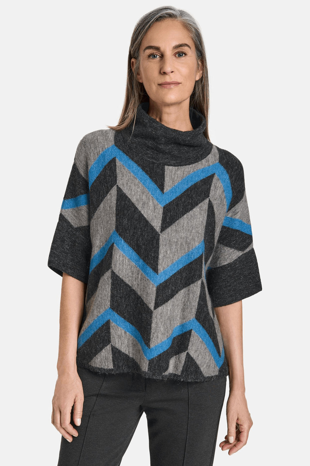 Gerry Weber 170517 Grey & Blue Zig Zag Print Knitted Jumper - Experience Boutique
