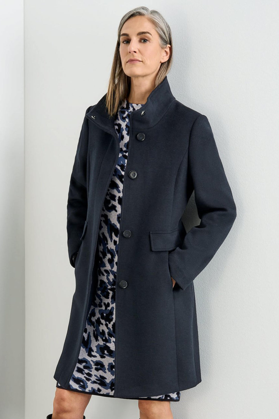 Gerry Weber 250235 Navy Wool Mix High Neck Coat - Experience Boutique