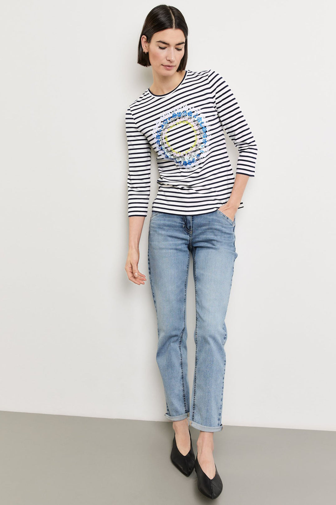 Gerry Weber 270036 Navy Striped Leaf Print Top - Experience Boutique