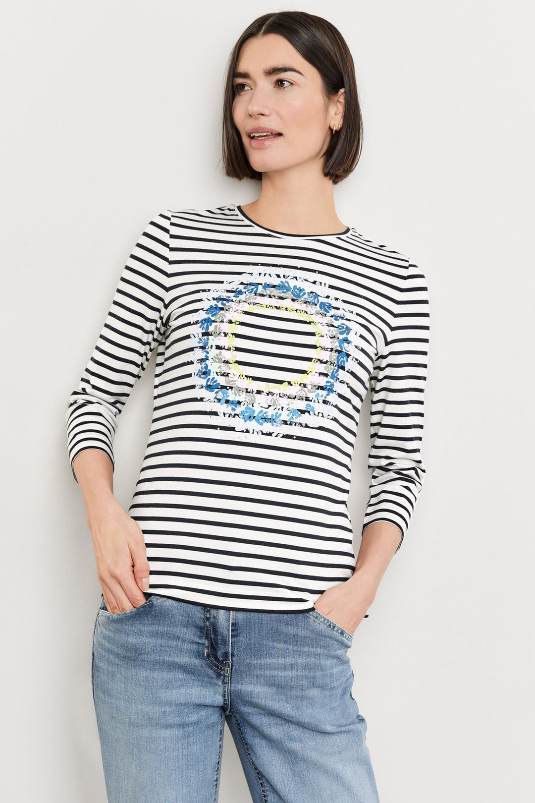 Gerry Weber 270036 Navy Striped Leaf Print Top - Experience Boutique