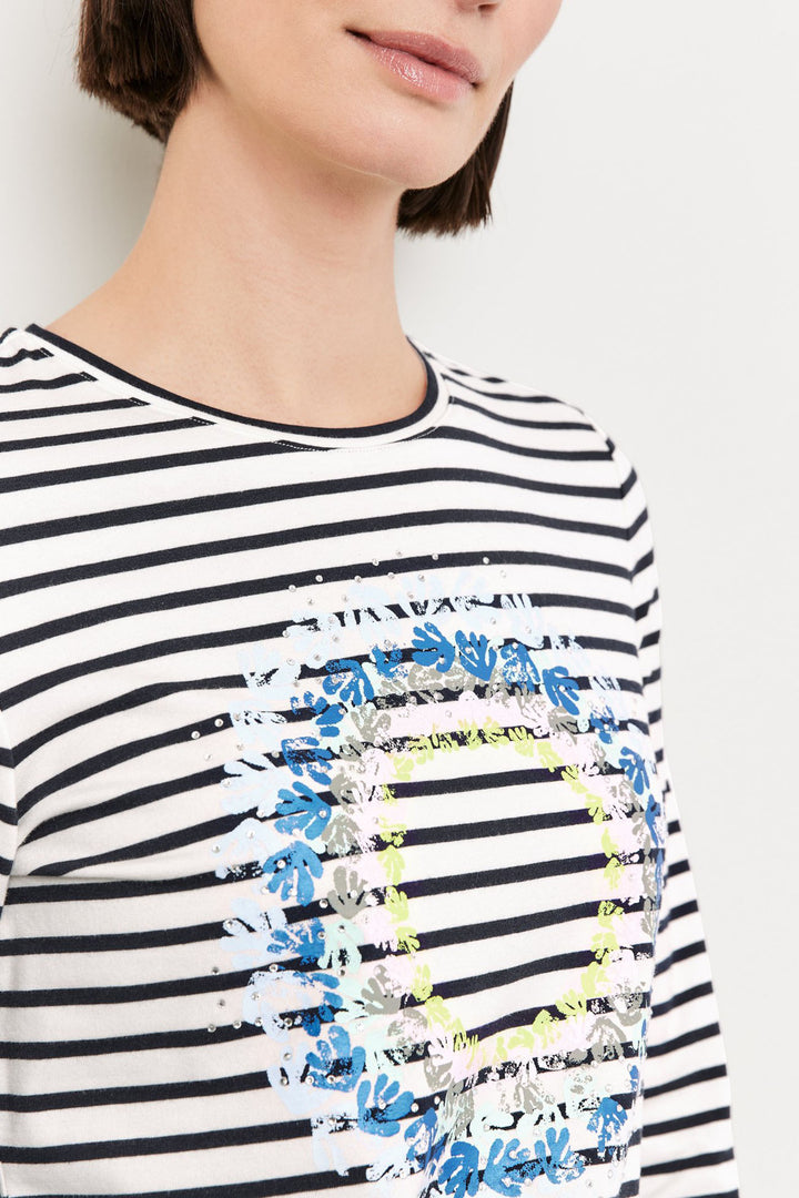 Gerry Weber 270036 Navy Striped Leaf Print Top - Experience Boutique