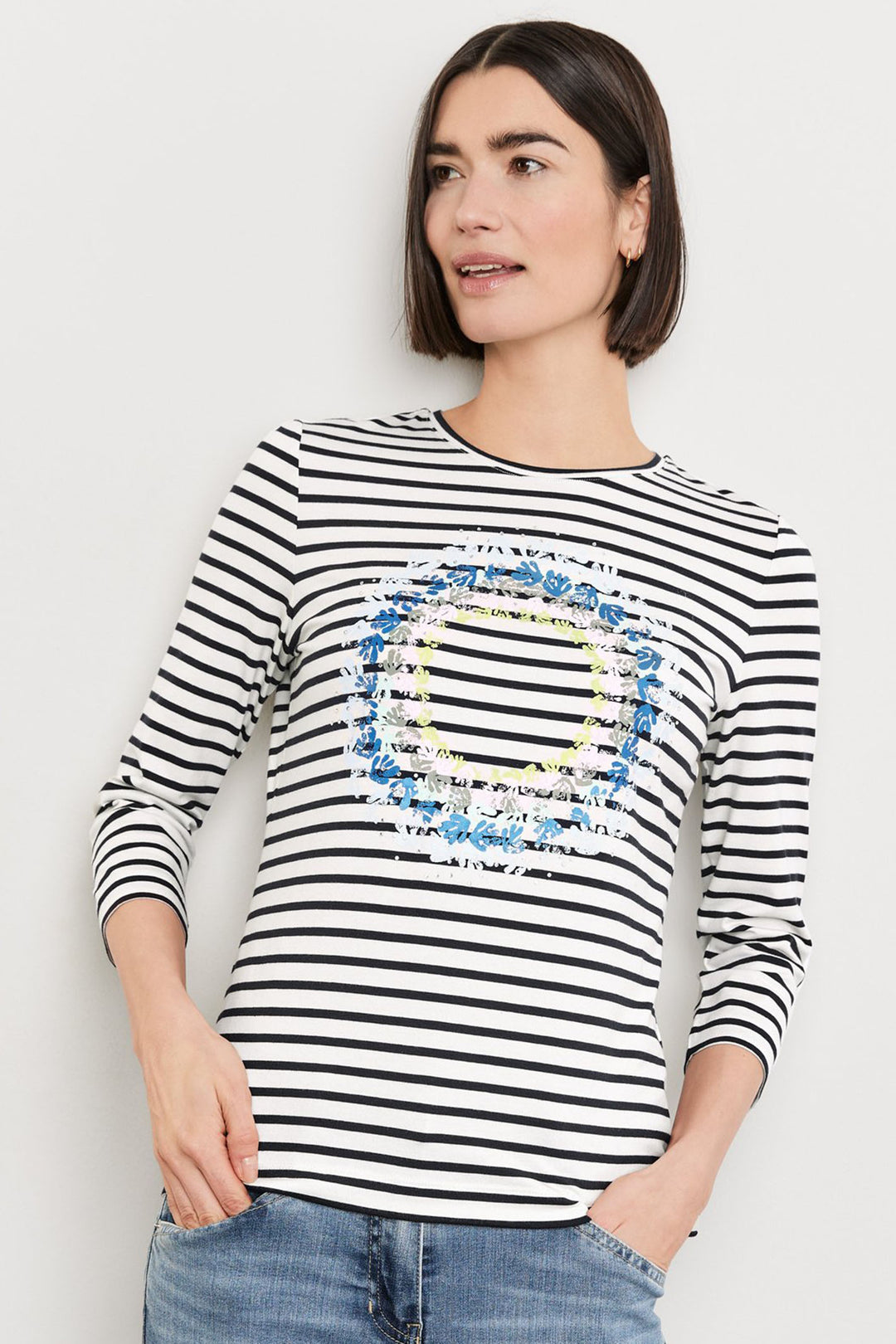 Gerry Weber 270036 Navy Striped Leaf Print Top - Experience Boutique