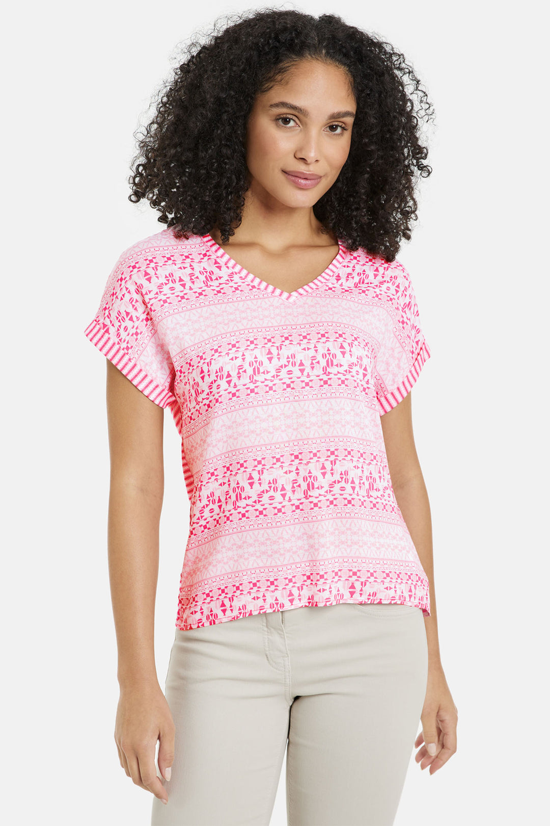 Gerry Weber 270081 Pink Diamond Print V-Neck Top - Experience Boutique