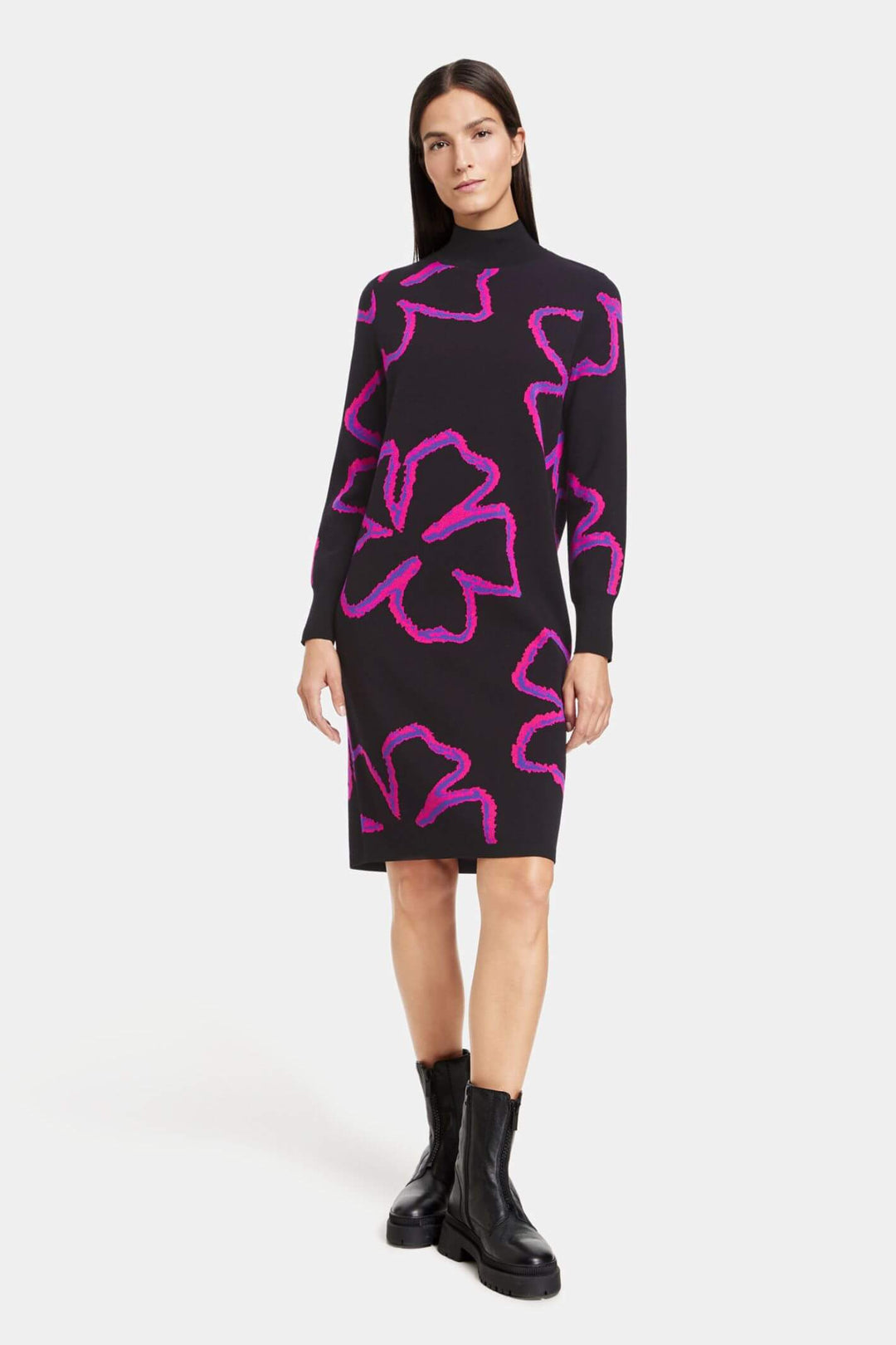 pink and black sweater dress Plus Size Boat Neck Turn-down Ruched Collar Lace Up Textured Patchwork A Line Sweater Dress