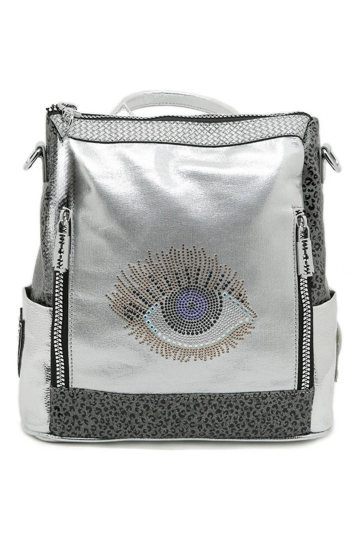 Glamorous Silver Eye Design Backpack in Silver