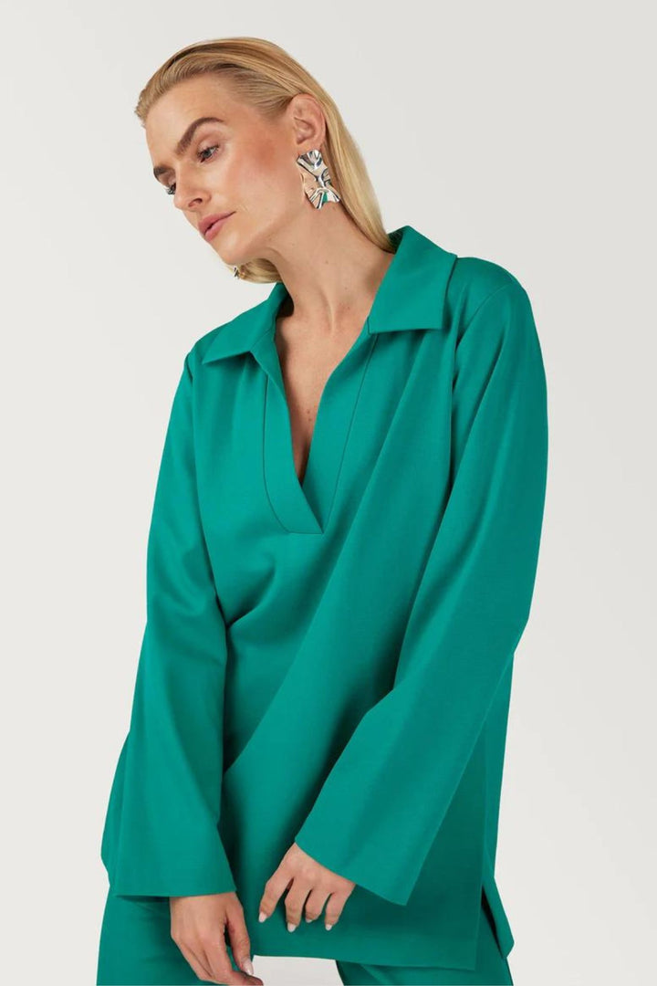 Gomaye 24782 Sea Green Split Neck Long Sleeve Top