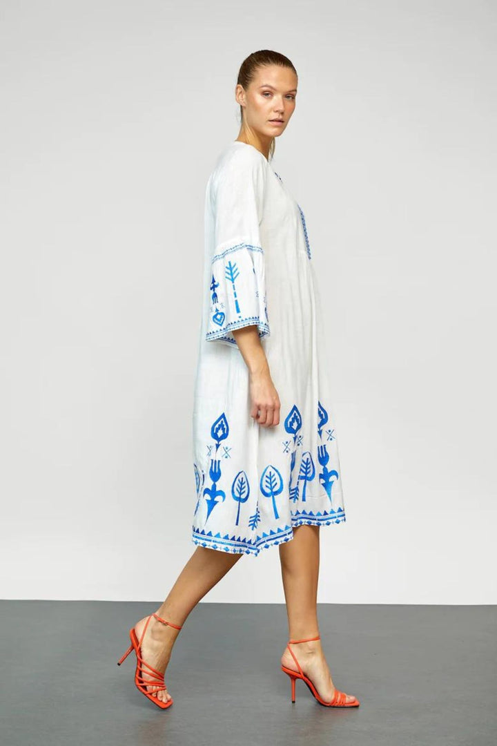 Gomaye 28822 White Blue Embroidered Dress