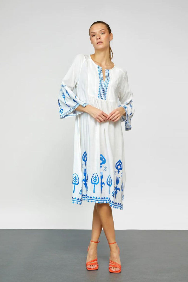 Gomaye 28822 White Blue Embroidered Dress