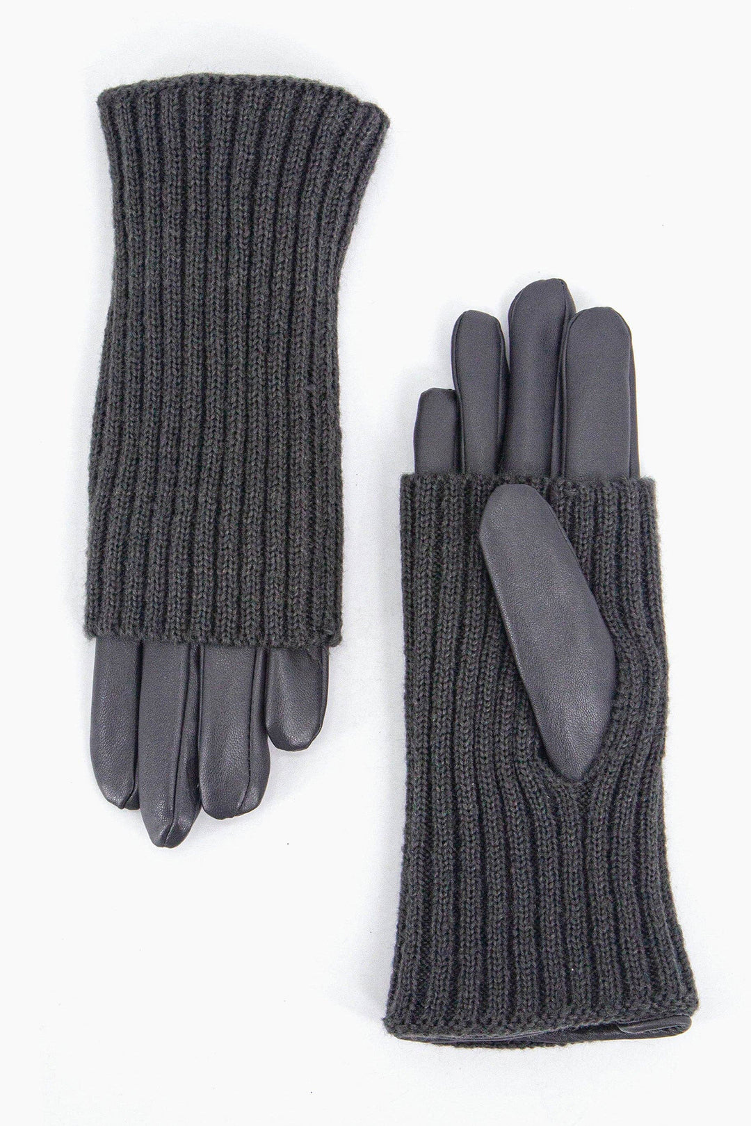 Grey Knitted Overlay Faux Leather Gloves