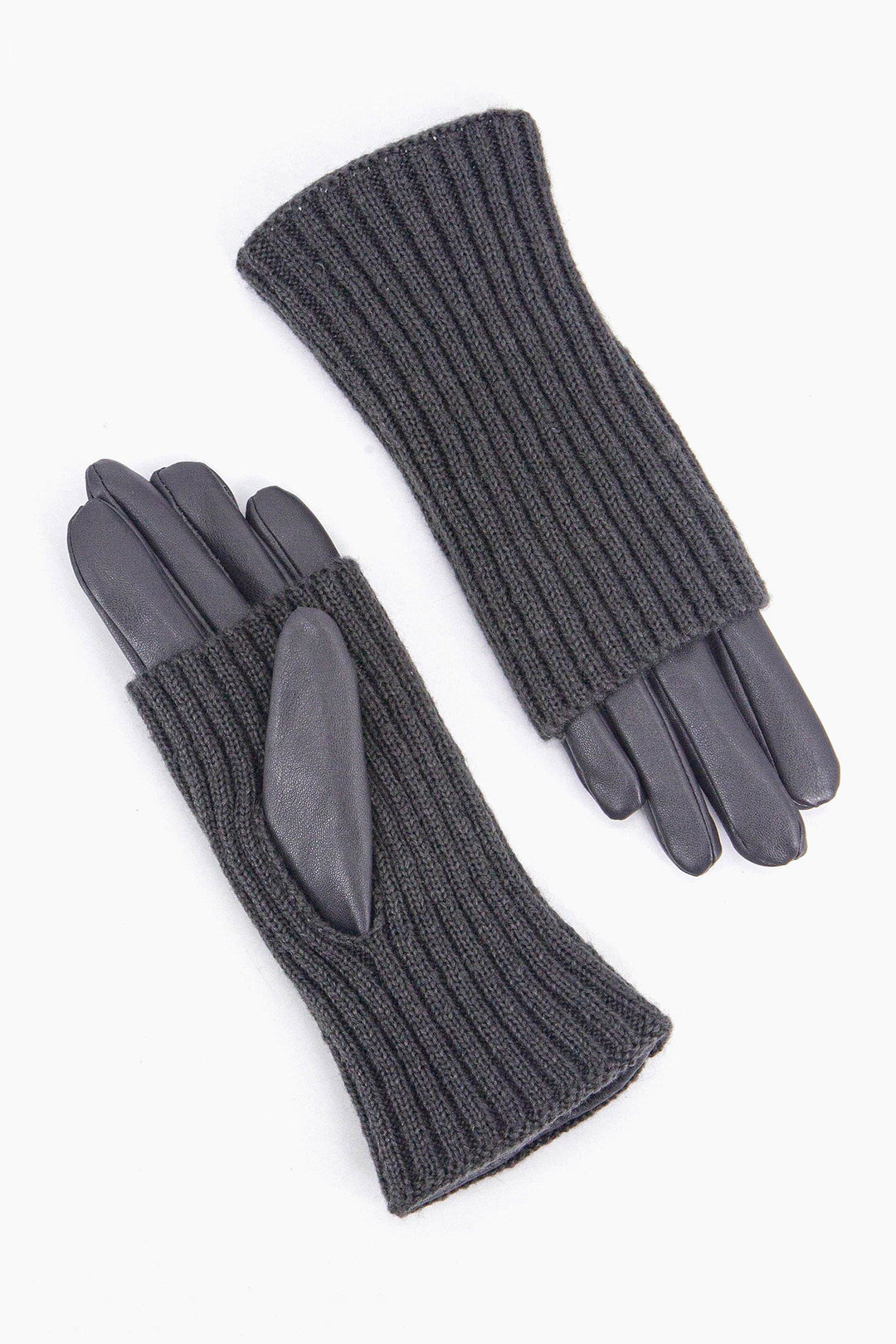 Grey Knitted Overlay Faux Leather Gloves