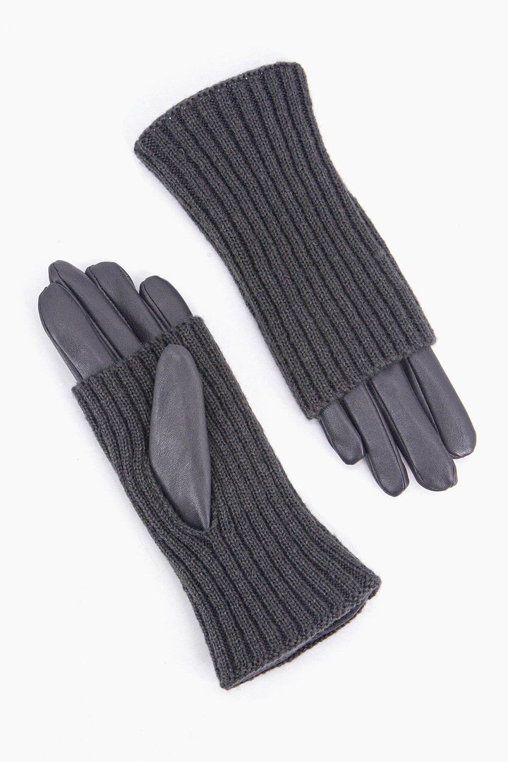 Grey Knitted Overlay Faux Leather Gloves