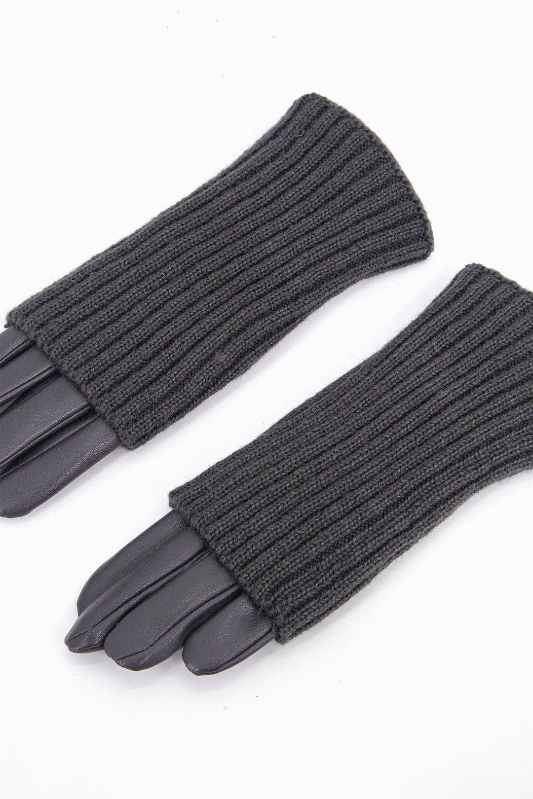 Grey Knitted Overlay Faux Leather Gloves