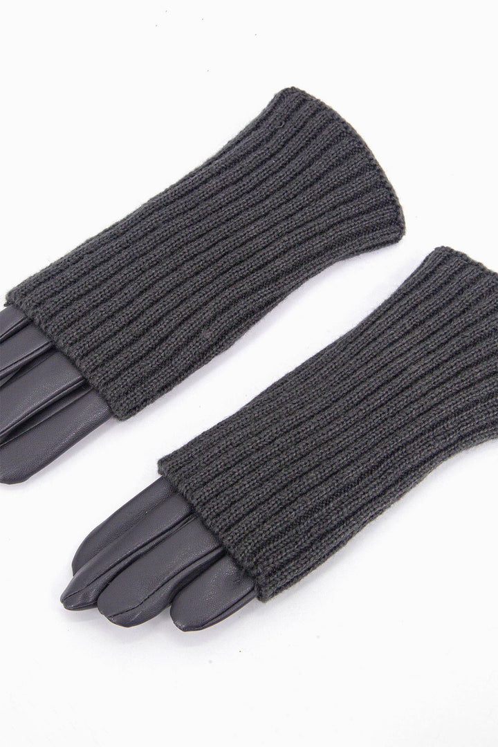 Grey Knitted Overlay Faux Leather Gloves